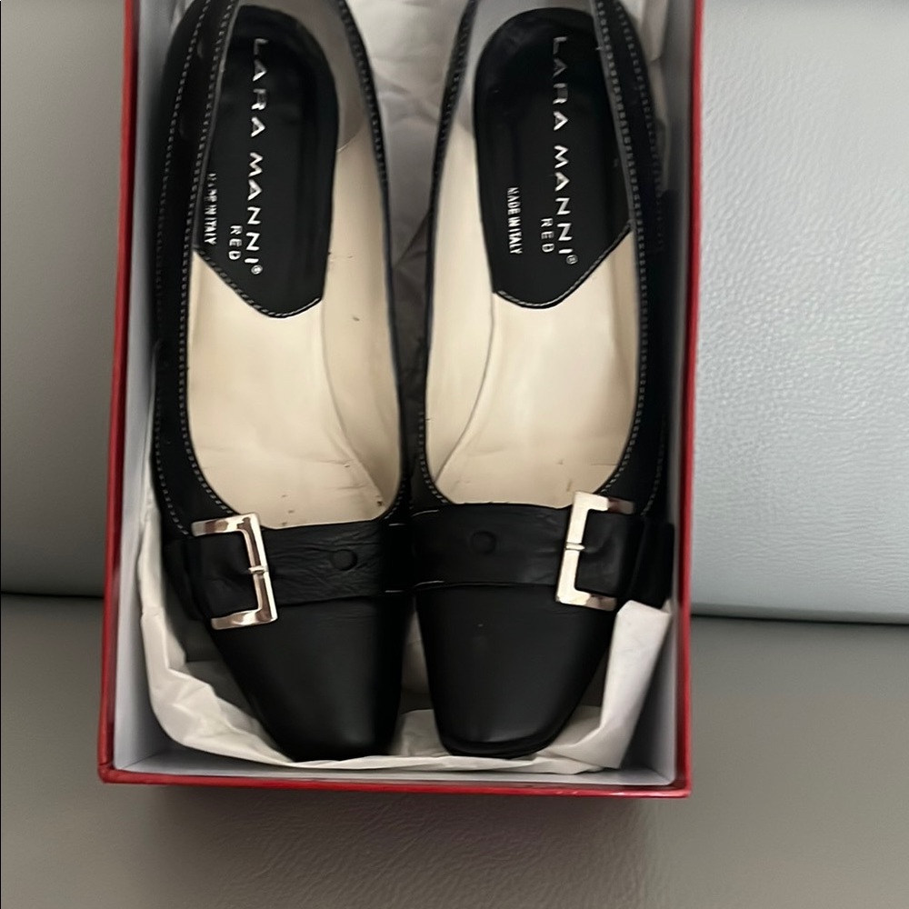 Black Leather Heels with Silver Buckle
